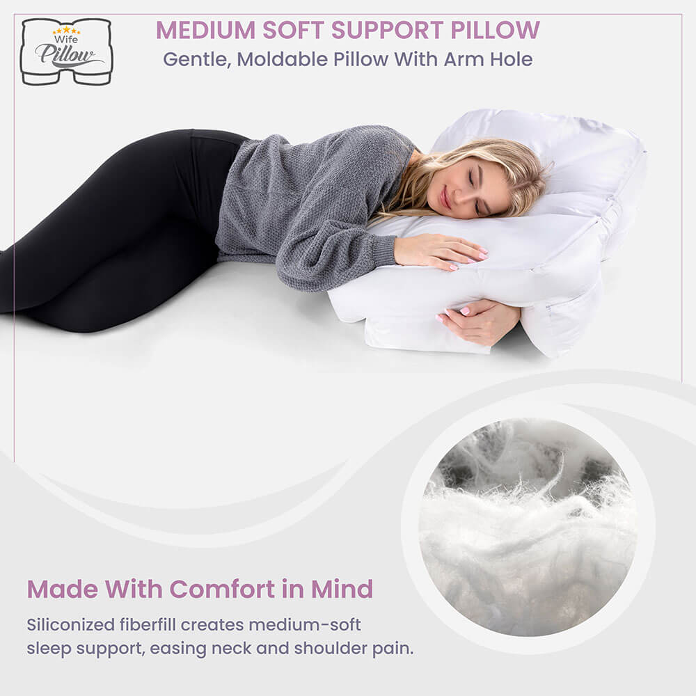 Product image: Customize Height Easily For Your Comfort Preference pink Wife Pillow gift box with vacuum-sealed shell, Jersey Knit cover, extra stuffing, VIP invite, 101 day money-back promise.