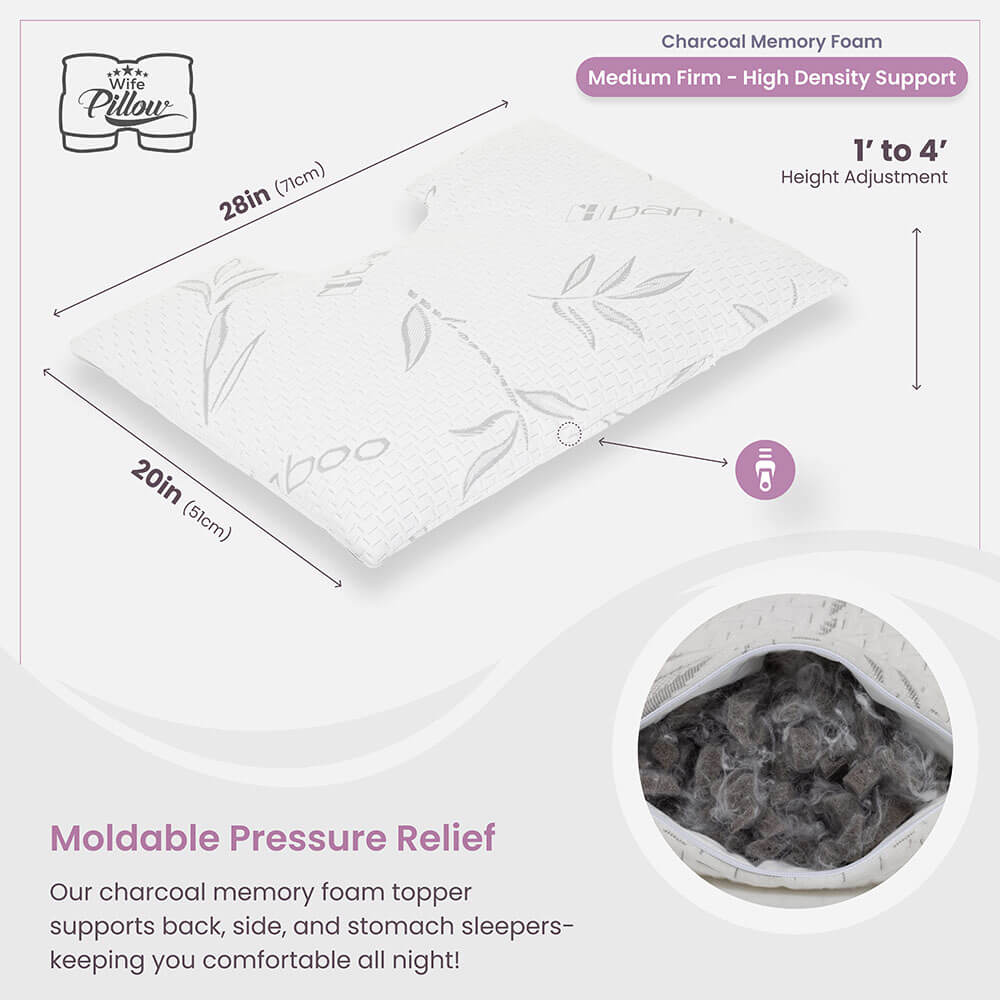 Bamboo Charcoal Shredded Memory Foam topper for Wife Pillow, provides comfort & support. Easy to add, remove & wash. Enjoy luxury hotel feel.