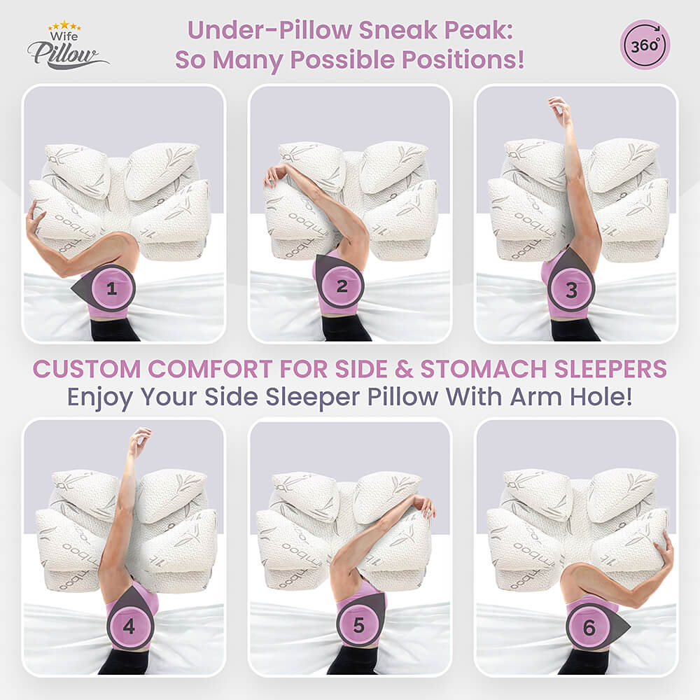 Multi-Arm Poistioning Pillow For All Seepers with Shredded high density memory foam pillow in pink gift box, Certipur-US certified, VIP program, 101 day money back guarantee